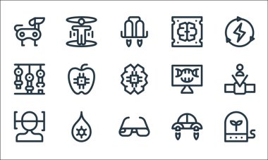 Gelecekteki çizgi simgelerinin teknolojisi. Doğrusal küme. Bitki, akıllı gözlük, yüz taraması, uçan araba, nanoteknoloji, robot kol, DNA, yapay zeka, hologram gibi kalite vektör dizileri