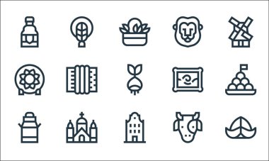 Holland Hattı ikonları. Doğrusal küme. Şapka, bina, süt kutusu, inek, kilise, seramik, resim, aslan, örgü gibi kalite vektör dizileri