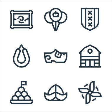 Holland Hattı ikonları. Doğrusal küme. Yel değirmeni, şapka, bitterballen, ahır, takunya, rookbest, Amsterdam, balon gibi kalite vektör dizileri