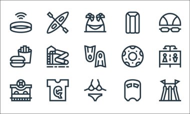 Su parkı çizgisi simgeleri. Doğrusal küme. Su kaydırağı, bikini, bilet ofisi, havuz, su parkı, fast food, lastik halka, yatak, rafting gibi kalite vektör dizileri