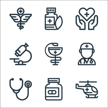Tıbbi araçlar çizgisi simgeleri. Doğrusal küme. Helikopter, ilaç şişesi, fonendoskop, doktor, eczane, mikroskop, sağlık, bitkisel