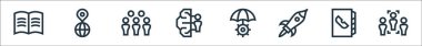 Yönetim çizgisi simgeleri. Doğrusal küme. Seçim, telefon rehberi, roket fırlatma, risk, beyin fırtınası, toplantı, dünya gibi kalite vektör çizgisi