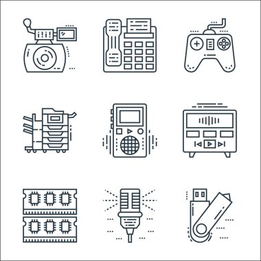 Teknoloji cihazları çizgi simgeleri. Doğrusal küme. usb, mikrofon, ram, müzik çalar, müzik çalar, fotokopi makinesi, oyun alanı, faks gibi kalite vektör dizileri