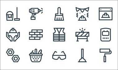 İşçi bayramı sembolleri. Doğrusal küme. Boya silindiri, güvenlik gözlükleri, fındık, lavabo pompası, sepet, işçi günü, bariyer, işçilik günü, matkap gibi kalite vektör dizileri