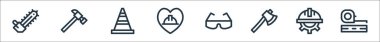 İşçi bayramı sembolleri. Doğrusal küme. Kaliteli vektör çizgisi: bant, işçi günü, balta, güvenlik gözlüğü, işçi günü, trafik konisi, çekiç