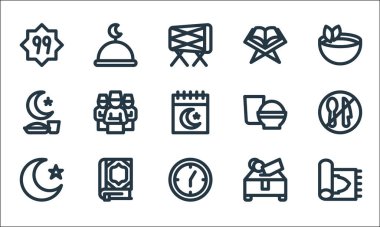 Ramadhan çizgi simgeleri. Doğrusal küme. Sajadah, clock, islam, mercy, quran, oruç, food, quran, cami gibi kalite vektör dizileri