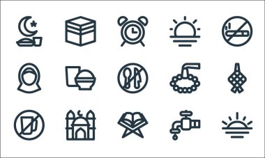 Ramadhan çizgi simgeleri. Doğrusal küme. Günbatımı, Kuran, oruç, su, cami, avatar, boncuklar, gündoğumu, Mekke gibi kalite vektör çizgisi