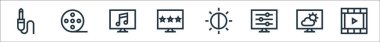 Televizyon dizisi simgeleri. Doğrusal küme. Film, ayarlama, parlaklık, yıldız, müzik, film makarası gibi kalite vektör dizileri