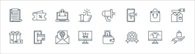 Alışveriş ekommerce çizgisi simgeleri. Doğrusal küme. El, madalya, monitör, hediye, alışveriş torbası, ecommerce, megafon, kupon gibi kalite vektör dizileri