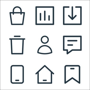 kullanıcı arayüzü satır simgeleri. Doğrusal küme. Yer imi, ev, telefon, sohbet, kullanıcı, silme, indirme, istatistik gibi kalite vektör dizileri