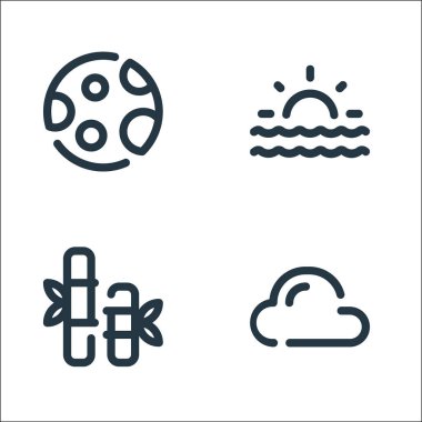 Doğal çizgi simgeleri. Doğrusal küme. Bulut, bambu, gün doğumu gibi kalite vektör çizgisi