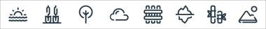 Doğal çizgi simgeleri. Doğrusal küme. Dağ, bambu, buzdağı, çit, bulut, ağaç, sazlık gibi kalite vektör çizgisi