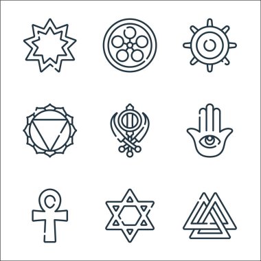 ruhani semboller çizgi simgeleri. Doğrusal küme. Valknut, Judaism, ankh, hamsa, sikhism, manipura, budizm, tenrikyo gibi kalite vektör dizileri