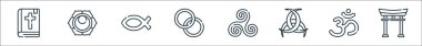 ruhani semboller çizgi simgeleri. Doğrusal küme. Torii kapısı, hinduizm, odin boynuzu, triskelion, manevi, hristiyanlık, Svadhishthana gibi kalite vektör dizileri