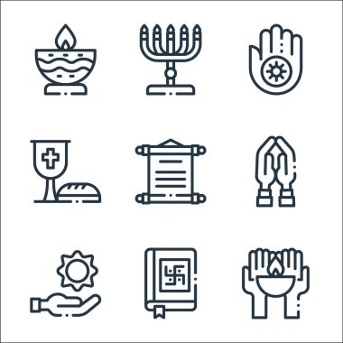 ruhani çizgi simgeleri. Doğrusal küme. Mum, veda, güneş, dua, parşömen, şarap, jainizm, menorah gibi kalite vektör dizileri
