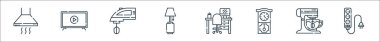 Ev aletleri hattı simgeleri. Doğrusal küme. Soket, mikser, duvar saati, işyeri, lamba, mikser, akıllı TV gibi kalite vektör dizisi