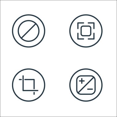 Kamera hattı simgeleri. Doğrusal küme. karşıtlık, mahsul, kamera gibi kalite vektör çizgisi