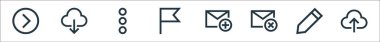 e- posta hattı simgeleri. Doğrusal küme. Gönderme, kalem, çapraz, toplama, bayrak, daha fazla indirme gibi kalite vektör dizisi