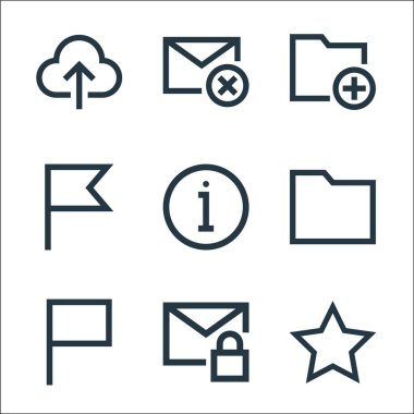 e- posta hattı simgeleri. Doğrusal küme. Favori, kilit, bayrak, dizin, bayrak, bayrak, ekleme, çapraz gibi kalite vektör çizgisi