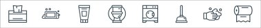 Hijyen çizgisi simgeleri. Doğrusal küme. Kaliteli vektör çizgisi: doku, çamaşır yıkama, emme, çamaşır makinesi, tuvalet, yüz köpüğü, sabun.