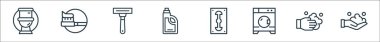 Hijyen çizgisi simgeleri. Doğrusal küme. Kaliteli vektör çizgisi: Yıkama el, çamaşır makinesi, jilet, deterjan, jilet, diş fırçası.