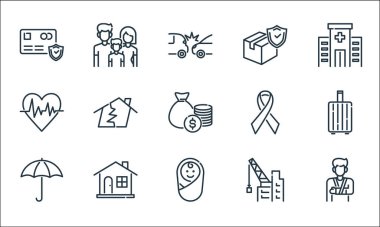 Sigorta çizgisi simgeleri. Doğrusal küme. Sağlıklı bakım, bebek, koruma, inşaat, ev, sağlık, meme kanseri, doğum sandığı, aileler gibi kalite vektör çizgisi