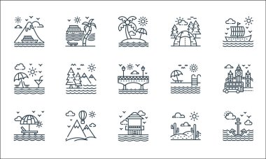 Turizm çizgisi simgeleri. Doğrusal küme. Çapa, tatil köyü, kumsal, çöl, sıcak hava balonu, plaj, yüzme havuzu, kamp, yolcu gemisi gibi kalite vektör çizgisi
