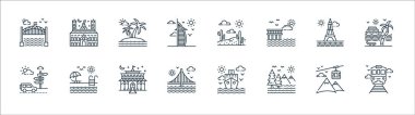Turizm çizgisi simgeleri. Doğrusal küme. Tren, dağ, köprü, rehber direği, Eyfel kulesi, ada, çöl, kale gibi kalite vektör çizgisi