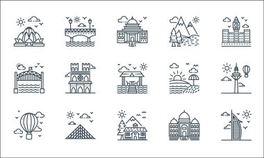 Turizm çizgisi simgeleri. Doğrusal küme. Kaliteli vektör dizisi, konak, sıcak hava balonu, taj mahal, piramit, köprü, gün doğumu, göl, köprü gibi
