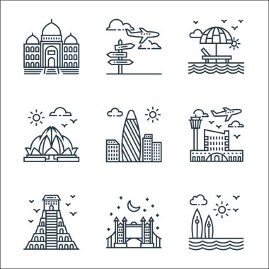 Turizm çizgisi simgeleri. Doğrusal küme. Sörf, Londra köprüsü, Aztek piramidi, havaalanı, Lotus tapınağı, sahil, seyahat gibi kalite vektör çizgileri