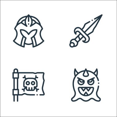 Video oyunu unsurları satır simgeleri. Doğrusal küme. Kaliteli vektör çizgisi: Düşman, korsan bayrağı, bıçak