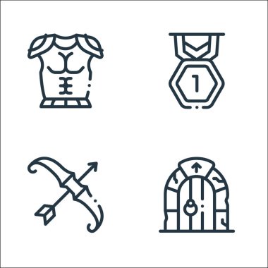 Video oyunu unsurları satır simgeleri. Doğrusal küme. Kapı, ok, madalya gibi kalite vektör çizgisi