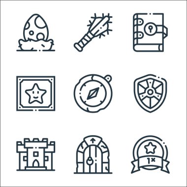 videogame elements line icons. linear set. quality vector line set such as bonus, door, castle, shield, compass, star, book, cudgel clipart