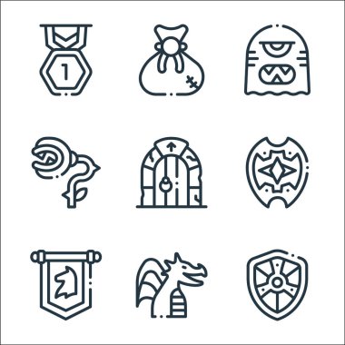 Video oyunu unsurları satır simgeleri. Doğrusal küme. Kaliteli vektör çizgisi, kalkan, ejderha, bayrak, kalkan, kapı, düşman, düşman, ödül gibi.