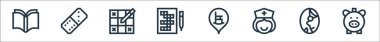 emeklilik ev çizgisi simgeleri. Doğrusal küme. Domuz kumbarası, yaşlı kadın, hemşire, huzurevi, bulmaca, sudoku, domino taşı gibi kalite vektör dizileri