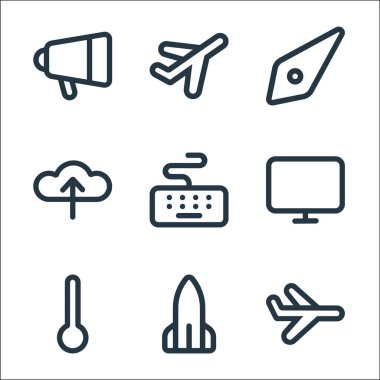 aygıt hattı simgeleri. Doğrusal küme. Uçak, roket, sıcaklık, monitör, klavye, yükleme, pusula, uçak gibi kalite vektör dizileri