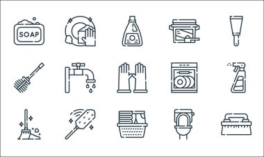 Temizlik çizgisi simgeleri. Doğrusal küme. Kaliteli vektör çizgisi: fırça, çamaşır, süpürge, tuvalet, toz, tuvalet fırçası, bulaşık makinesi, çamaşır tozu, temiz bulaşık.