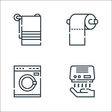 Temizlik çizgisi simgeleri. Doğrusal küme. El kurutma makinesi, çamaşır makinesi, tuvalet kağıdı gibi kalite vektör çizgisi