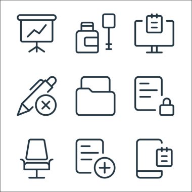 Ofis malzemeleri ikonları. Doğrusal küme. Cep telefonu, toplama, sandalye, kilitlenme, dosya silme, bilgisayar, şişe gibi kalite vektör dizileri