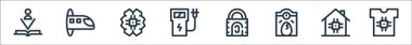 Gelecekteki çizgi simgelerinin teknolojisi. Doğrusal küme. Akıllı kıyafetler, akıllı ev, yumurta kuluçka makinesi, parmak izi taraması, şarj istasyonu, yapay zeka, hiperdöngü gibi kalite vektör dizileri