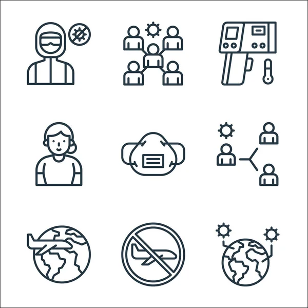 Düz covid virüs pandemik çizgi simgeleri. Doğrusal küme. kalite vektör çizgisi: salgın, uçuş, seyahat, taşıyıcı, solunum cihazı, yaşlılar, termometre, grup