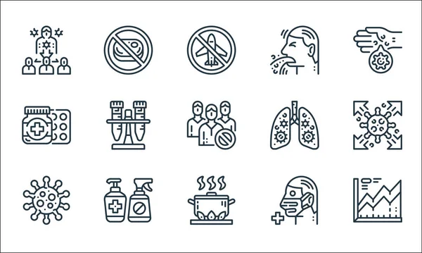 Virüs iletim hattı simgeleri. Doğrusal küme. İstatistik, sıcak yemek, virüs, tıbbi maske, alkol jeli, ilaç, enfekte olmuş akciğerler, kusmuk, et yok gibi kalite vektör dizileri