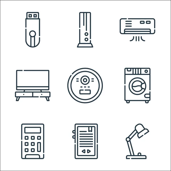 Elektronik Hat Simgeleri Doğrusal Küme Masa Lambası Kitap Hesap Makinesi — Stok Vektör
