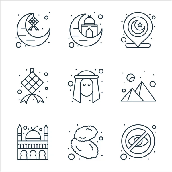 Islam Ramadán Iconos Línea Conjunto Lineal Conjunto Línea Vectorial Calidad — Vector de stock