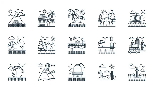 Turizm çizgisi simgeleri. Doğrusal küme. Çapa, tatil köyü, kumsal, çöl, sıcak hava balonu, plaj, yüzme havuzu, kamp, yolcu gemisi gibi kalite vektör çizgisi