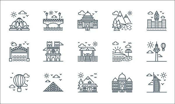 Turizm çizgisi simgeleri. Doğrusal küme. Kaliteli vektör dizisi, konak, sıcak hava balonu, taj mahal, piramit, köprü, gün doğumu, göl, köprü gibi