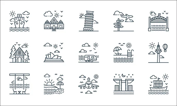 Turizm çizgisi simgeleri. Doğrusal küme. Gemi, uçak, yaz tatili, bina, gün doğumu, kulübe, yüzme havuzu, seyahat, alışveriş merkezi gibi kalite vektör dizileri