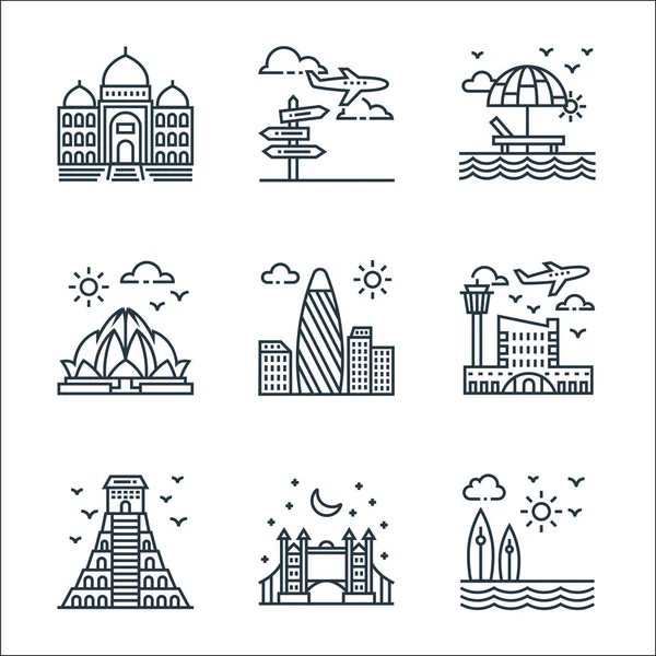 Turizm çizgisi simgeleri. Doğrusal küme. Sörf, Londra köprüsü, Aztek piramidi, havaalanı, Lotus tapınağı, sahil, seyahat gibi kalite vektör çizgileri