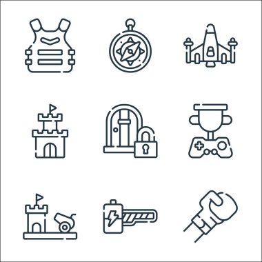 Video oyunu çizgi simgeleri. Doğrusal küme. Dövüş oyunu, enerji çubuğu, top, kupa, kilitli kapı, kule, boşluk, pusula gibi kalite vektör çizgisi kümesi