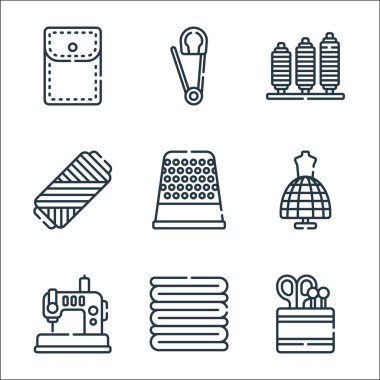 Dikiş çizgisi simgeleri. Doğrusal küme. kalite vektör çizgisi: dikiş araçları, kumaş, dikiş makinesi, manken, yüksük, iplik, iplik, emniyet iğnesi